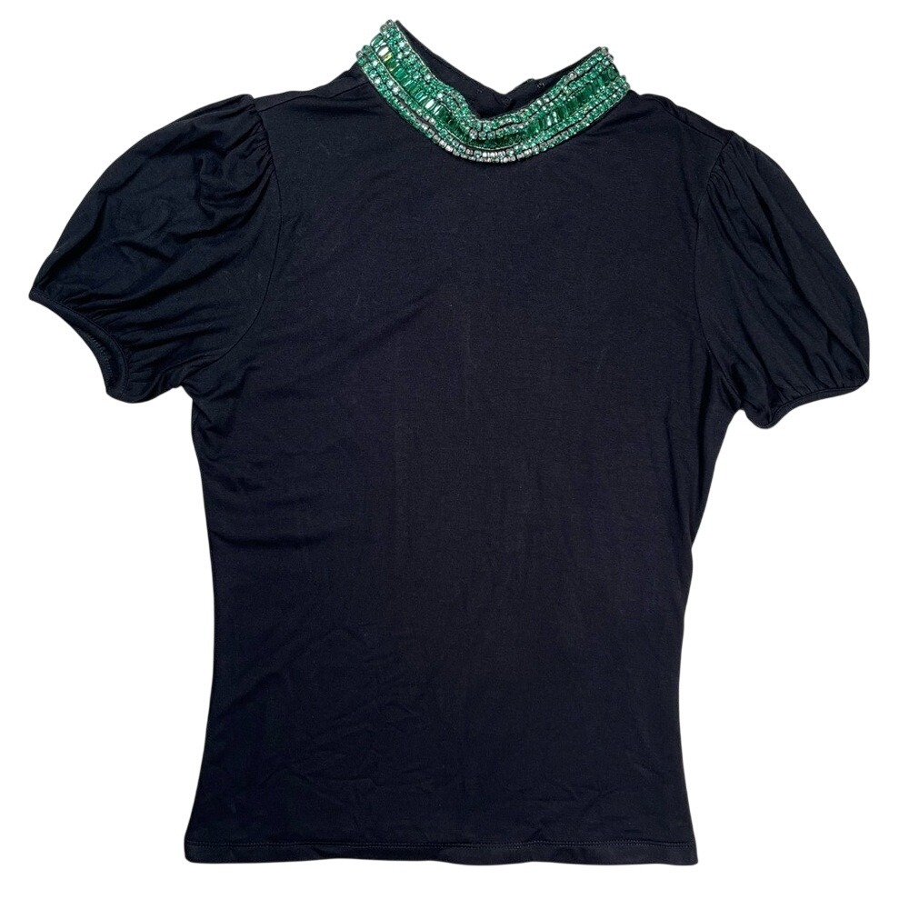 New Emily Shalant Rhinestone Bow Top Women's‎ S Black Emerald Embellished Bling